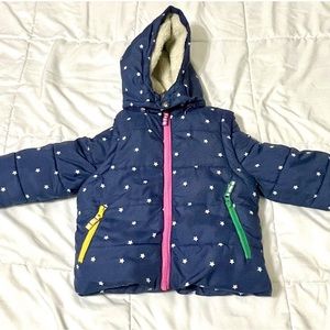 Mini Boden Navy Star Print Hooded Puffer Jacket